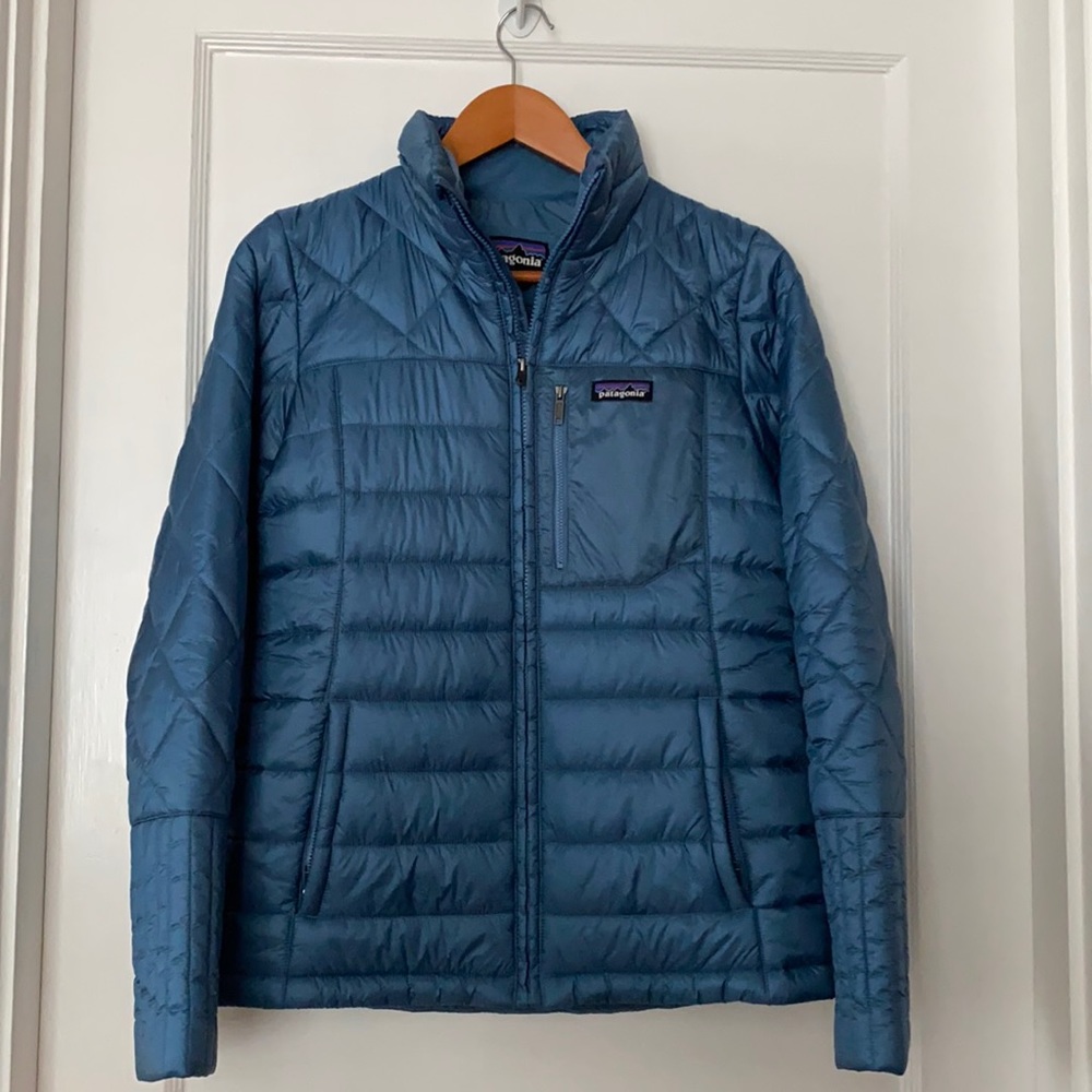 Blue Patagonia down jacket
